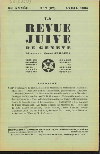 La Revue Juive de Genève. Vol. 3 n° 7 fasc. 27 (avril 1935)